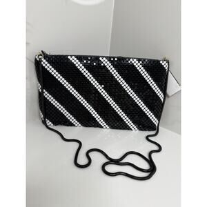 Black White Mesh Diagonal Stripe Clutch Purse Bag Cross Body Metal Vtg 70s 80s
